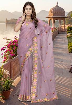 pink sequin zari resham embroidered work silk blend saree for women 1