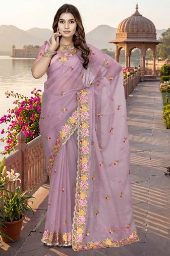 pink sequin zari resham embroidered work silk blend saree for women