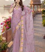 pink sequin zari resham embroidered work silk blend saree for women