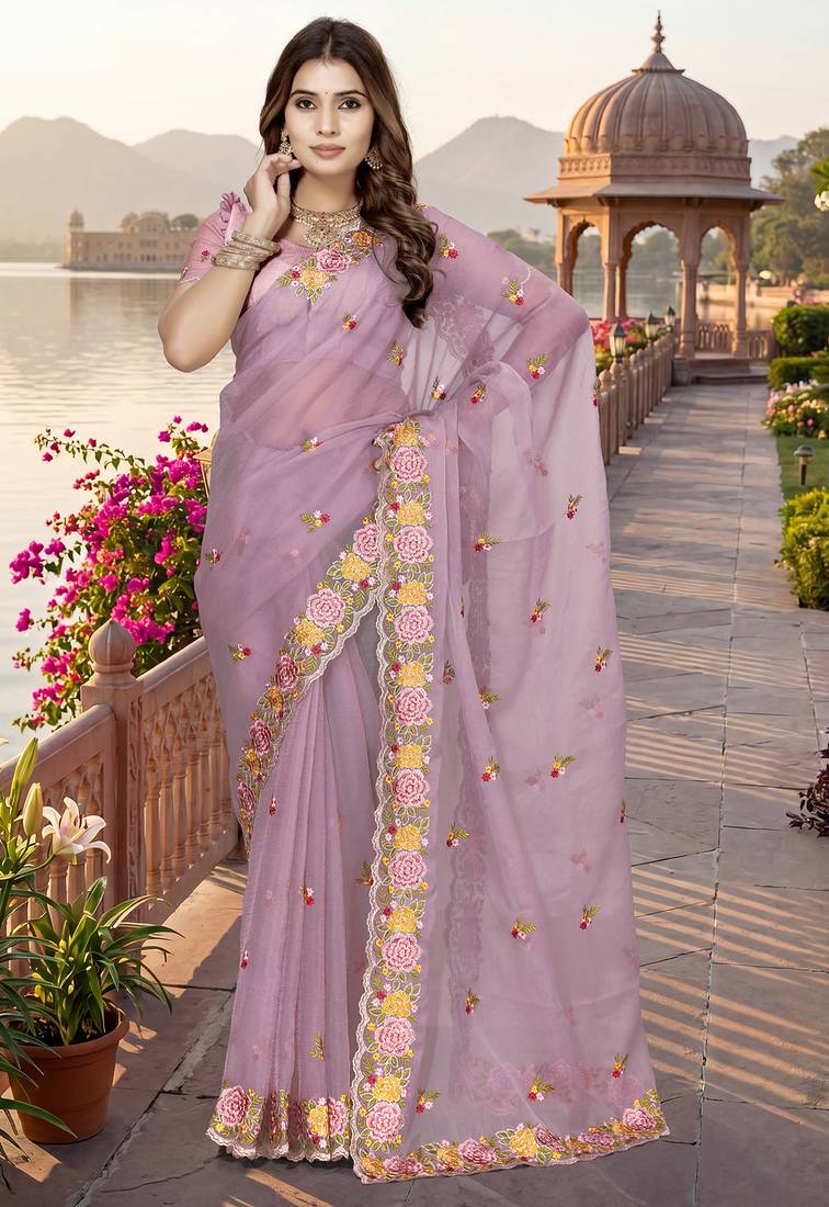 pink sequin zari resham embroidered work silk blend saree for women