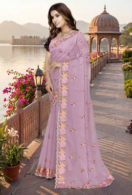 pink sequin zari resham embroidered work silk blend saree for women 2