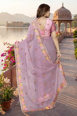 pink sequin zari resham embroidered work silk blend saree for women 3
