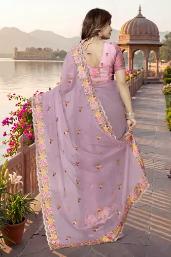 pink sequin zari resham embroidered work silk blend saree for women