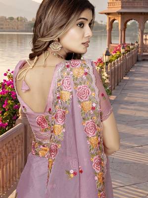 pink sequin zari resham embroidered work silk blend saree for women 4