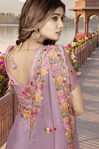 pink sequin zari resham embroidered work silk blend saree for women
