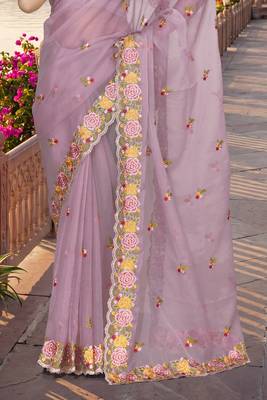 pink sequin zari resham embroidered work silk blend saree for women 5