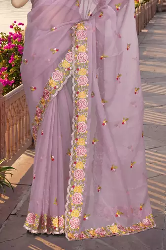 pink sequin zari resham embroidered work silk blend saree for women