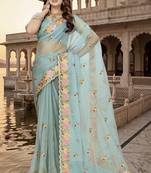 sea green sequin zari resham embroidered work silk blend saree for women