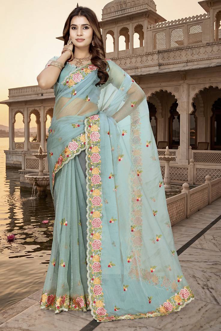 sea green sequin zari resham embroidered work silk blend saree for women