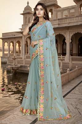 sea green sequin zari resham embroidered work silk blend saree for women 2