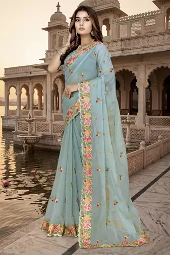 sea green sequin zari resham embroidered work silk blend saree for women