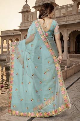 sea green sequin zari resham embroidered work silk blend saree for women 3