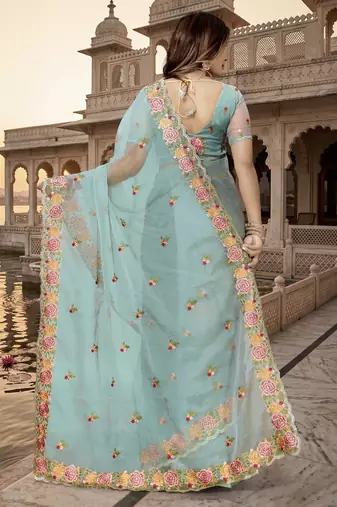 sea green sequin zari resham embroidered work silk blend saree for women