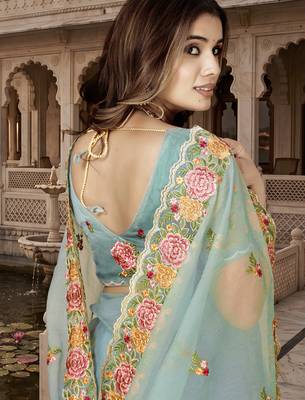 sea green sequin zari resham embroidered work silk blend saree for women 4