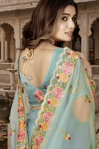 sea green sequin zari resham embroidered work silk blend saree for women