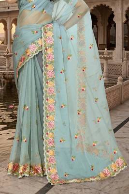 sea green sequin zari resham embroidered work silk blend saree for women 5