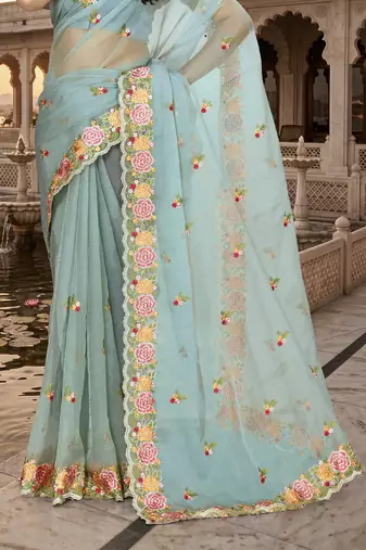 sea green sequin zari resham embroidered work silk blend saree for women