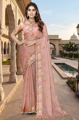 peach sequin zari resham embroidered work silk blend saree for women