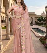 peach sequin zari resham embroidered work silk blend saree for women