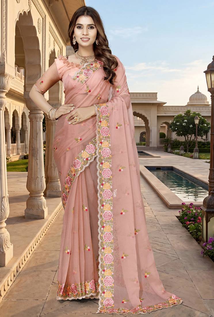 peach sequin zari resham embroidered work silk blend saree for women
