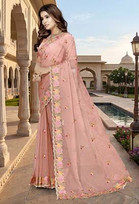 peach sequin zari resham embroidered work silk blend saree for women 2