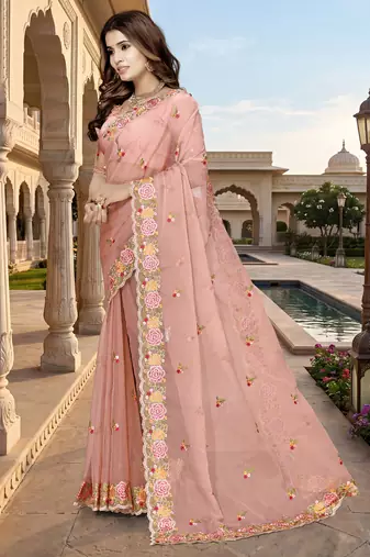 peach sequin zari resham embroidered work silk blend saree for women