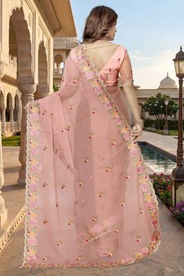 peach sequin zari resham embroidered work silk blend saree for women 3