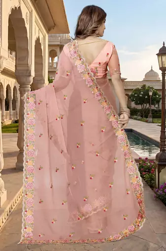 peach sequin zari resham embroidered work silk blend saree for women