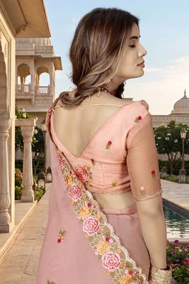 peach sequin zari resham embroidered work silk blend saree for women 4