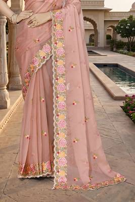 peach sequin zari resham embroidered work silk blend saree for women 5