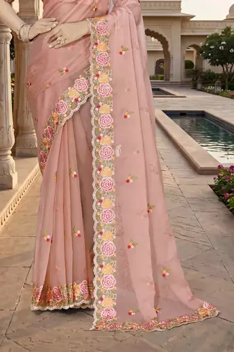 peach sequin zari resham embroidered work silk blend saree for women