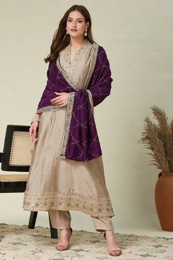 Cream embroidered vichitra silk kurti with pant and duppata set