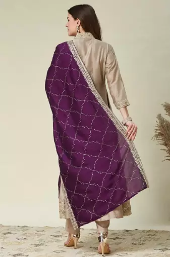 Cream embroidered vichitra silk kurti with pant and duppata set