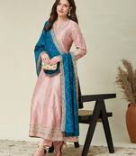 Pink embroidered vichitra silk kurti with pant and duppata set