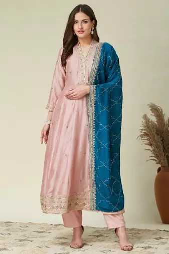 Pink embroidered vichitra silk kurti with pant and duppata set
