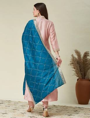 Pink embroidered vichitra silk kurti with pant and duppata set 4