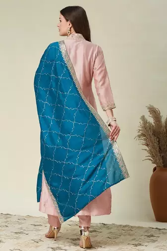 Pink embroidered vichitra silk kurti with pant and duppata set