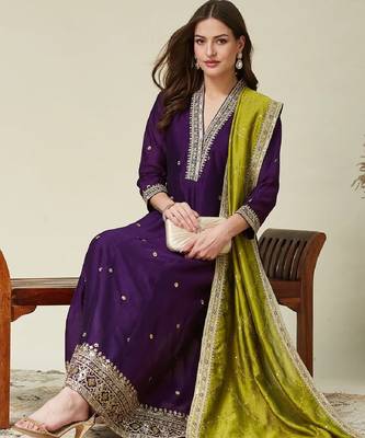Purple embroidered vichitra silk kurti with pant and duppata set 1