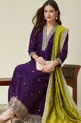 Purple embroidered vichitra silk kurti with pant and duppata set
