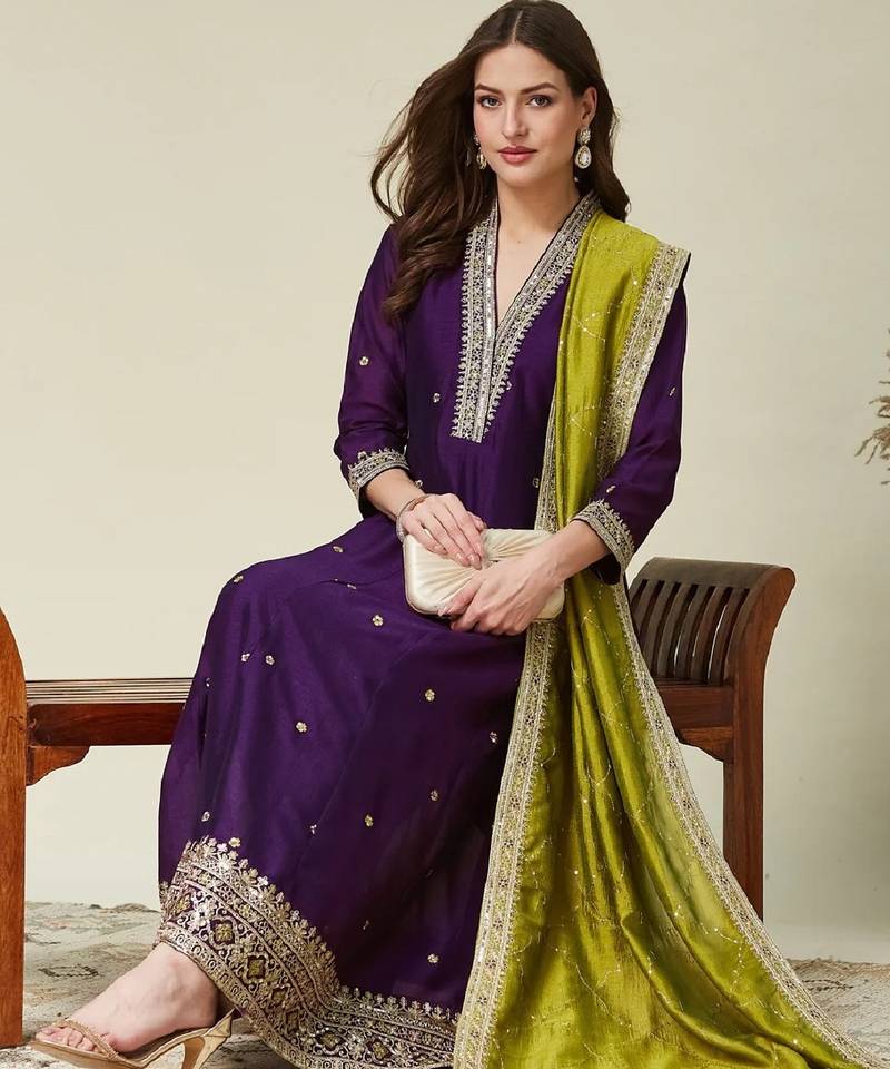 Purple embroidered vichitra silk kurti with pant and duppata set