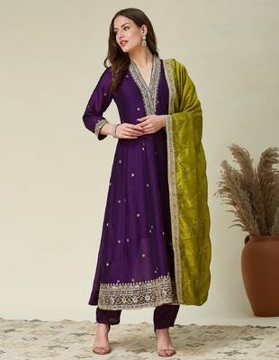 Purple embroidered vichitra silk kurti with pant and duppata set 2