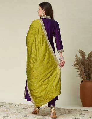 Purple embroidered vichitra silk kurti with pant and duppata set 4
