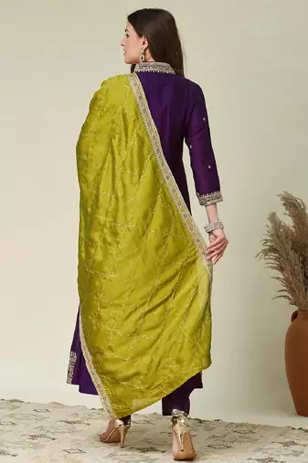 Purple embroidered vichitra silk kurti with pant and duppata set