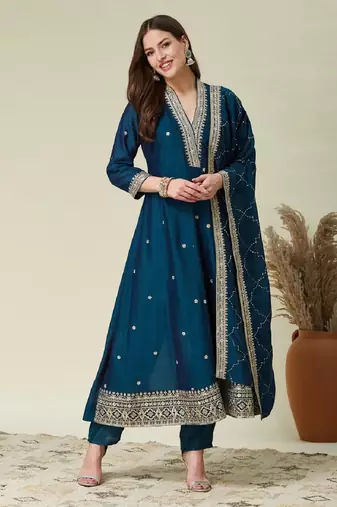 Teal embroidered vichitra silk kurti with pant and duppata set