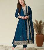 Teal embroidered vichitra silk kurti with pant and duppata set