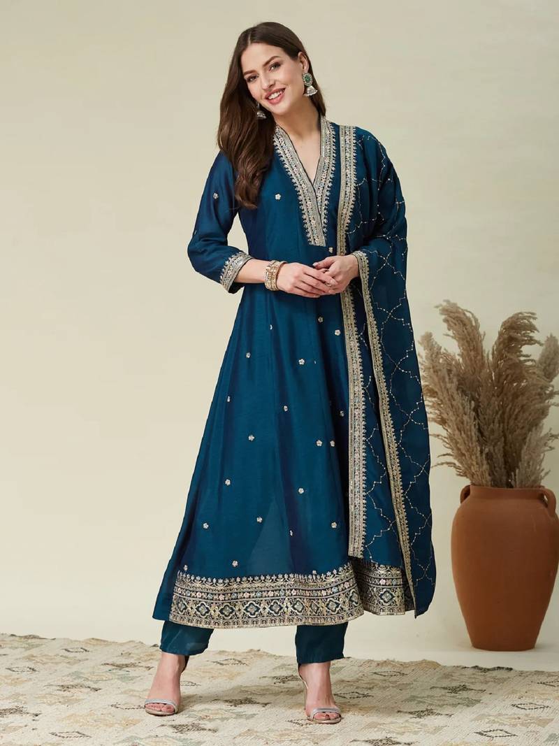 Teal embroidered vichitra silk kurti with pant and duppata set