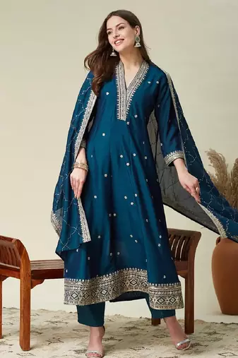 Teal embroidered vichitra silk kurti with pant and duppata set