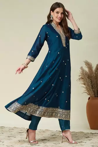 Teal embroidered vichitra silk kurti with pant and duppata set