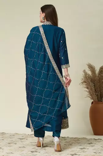 Teal embroidered vichitra silk kurti with pant and duppata set