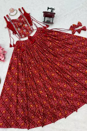 Red Mirror Navratri Lehenga Choli
